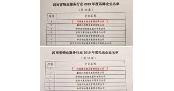 2019年12月27日，建業(yè)物業(yè)獲評由河南省物業(yè)管理協(xié)會授予的“河南省物業(yè)服務行業(yè)2019年度品牌企業(yè)”“河南省物業(yè)服務行業(yè)2019年度先進企業(yè)”榮譽稱號。